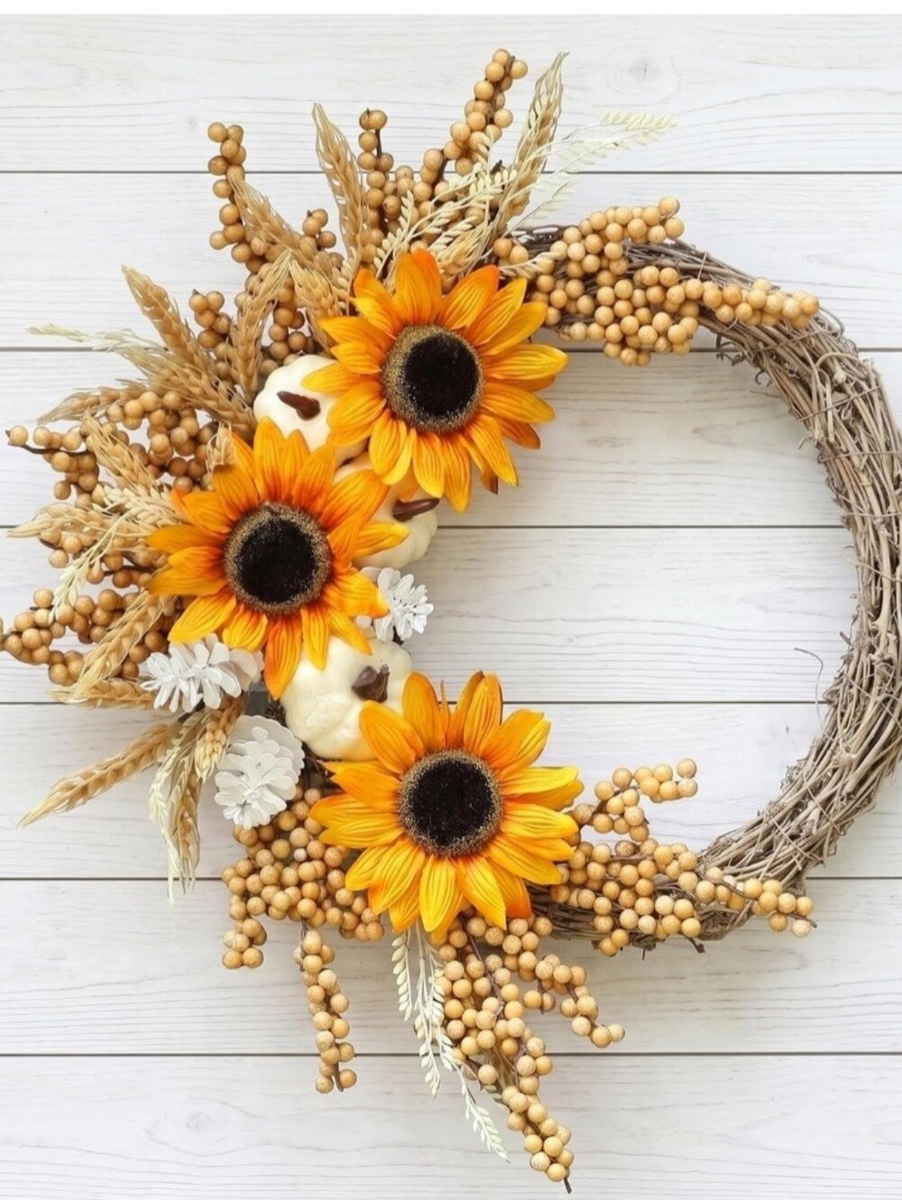 NIB 20" Sunflower White Pumpkin Fall Harvest Wreath Autumn Decor